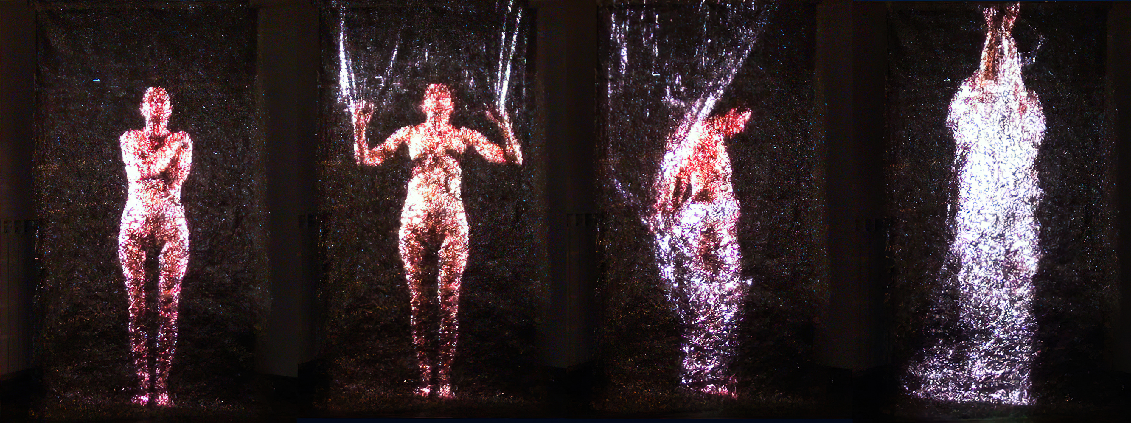 Not Sure installation, projected female figure on layered cellophane